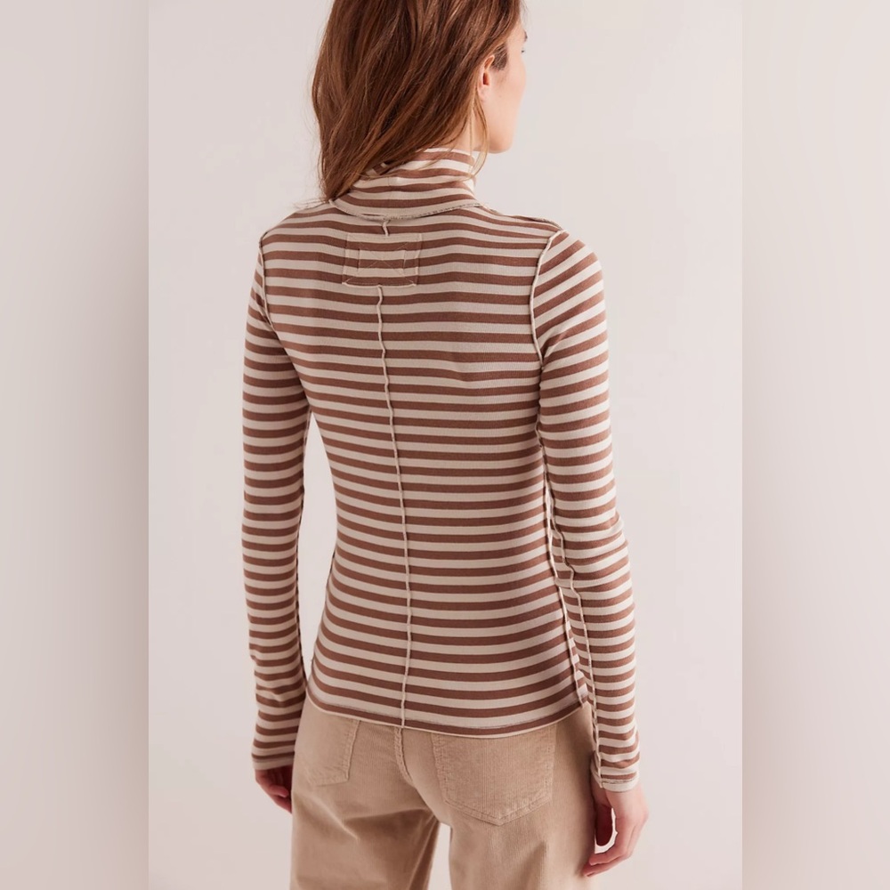 Free People We The Free Good Stripe Turtleneck Brown and White XS - Picture 3 of 9